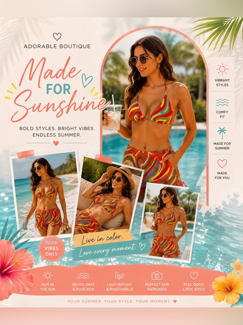 🌈 Color Splash Bikini Top + Matching Swim Shorts Striped Swirl Bikini Set 🌈